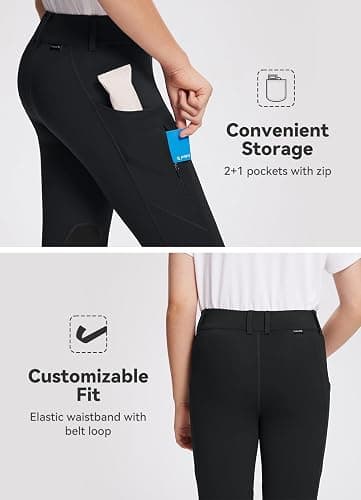 baleaf Girls Riding Pants Kids Equestrian Breeches Knee-Patch Zip Pocket Horseback Tights - X-Small - Black thumbnail 4