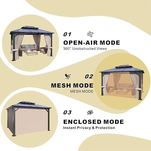 SOLUMIA 10x12 Hardtop Gazebo with Curtains & Netting, Double Roof Polycarbonate Canopy, Heavy-Duty Aluminum Frame Pergola for Patio, Garden, Deck – All-Weather UV & Rust Resistant thumbnail 8