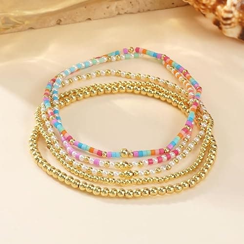 SHINUS BOHO 14K Gold Plated Beaded Bracelets Stack Set for Women,Stretch Boho Ball Jewelry Friendship Trendy thumbnail 4