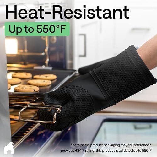 GORILLA GRIP Silicone Oven Mitts, 550F Heat Resistant, 12.5x8.3, Black | BPA-Free Cooking Waterproof Safety Gloves, Thick Cotton Lining, Flexible Gripping for Baking, Grilling, Kitchen Potholder Set thumbnail 5