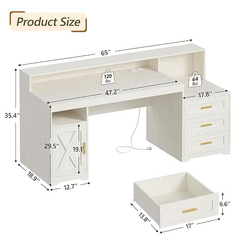TVU 65" White Computer Desk with Drawers and Printer Stand for Home Office | Office Desk with Power Outlets and Storage Cabinet, Study Writing Desks with Long Monitor Stand thumbnail 2