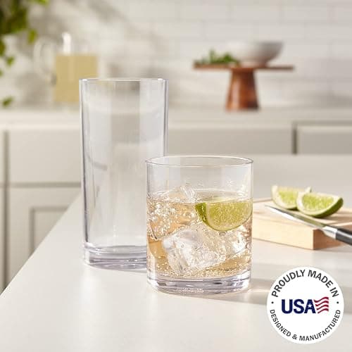 US Acrylic Classic Clear Plastic Reusable Drinking Glasses (Set of 8) 12oz Rocks & 16oz Water Cups | BPA-Free Tumblers, Made in USA | Top-Rack Dishwasher Safe thumbnail 2