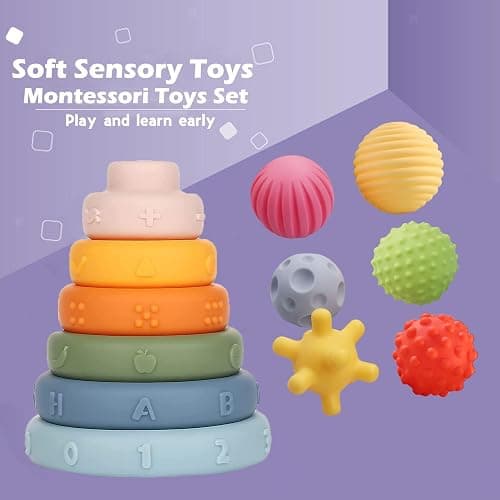 Weilim Montessori Toys Soft Stacking Building Blocks Rings Balls Sets 3 in 1 Baby Toys Bundle for Babies Sensory for Toddlers Teething Bath for Infants Learning Education Toy thumbnail 3