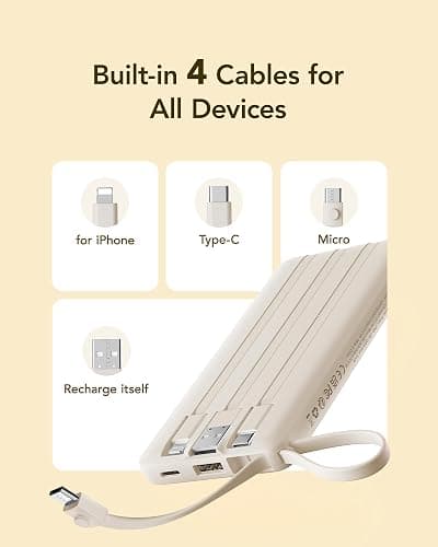 VRURC Portable Charger Power Bank,10000mAh Travel Essentials Battery Pack, 5 Outputs 2 Inputs Slim USB C Charging Bank Built-in Cables Cords for iPhone 17 16 15 13,Samsung,Android-Light Coffee(1 Pack) thumbnail 3