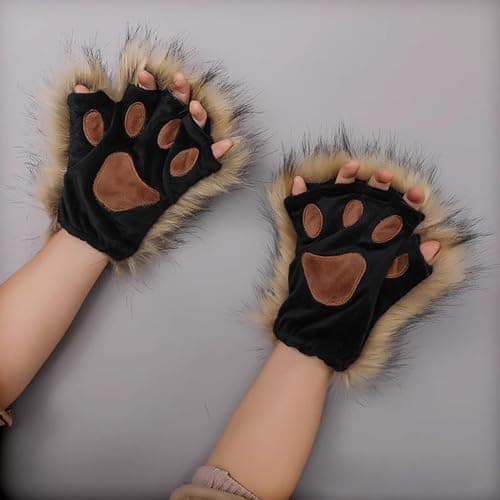 PURFUN Fuzzy Faux Fur Paw Gloves, Men Women Halloween Costume Bear Cat Claw Mittens Winter Warm Plush Half Finger Gloves thumbnail 6