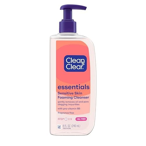 Clean & Clear Essentials Oil-Free Foaming Facial Cleanser, Daily Foaming Face Wash with Pro-Vitamin B5 for Sensitive Skin, Gently Removes Oil & Pore-Clogging Impurities, Fragrance-Free, 8 fl oz - Image 1