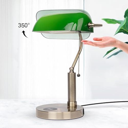 FIRVRE Glass Bankers Desk Lamp with Wireless Charger, 2 USB Charging Port, Vintage Desk Lamp with Pull Chain Switch, Retro Table Lamps for Home Office, Piano, Library (Bulb Included) thumbnail 4
