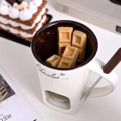 Ceramic Fondue Pot Set,Chocolate Fondue Mug with Forks,Ceramic Fondues Cup Gift Set,Butter Warmer Pot,Fondues Pot Melting Pot Set,Melt Hot Pots Bowl Set for Cheese Chocolate Butter(White) thumbnail 4