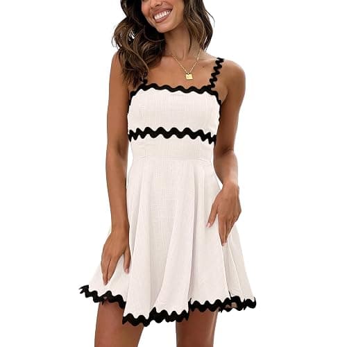 Senllen Womens Summer Flowy Mini Dress 2026 Casual Spaghetti Straps Sleeveless Smocked Backless Swing Wave Trim Sundress - Image 1