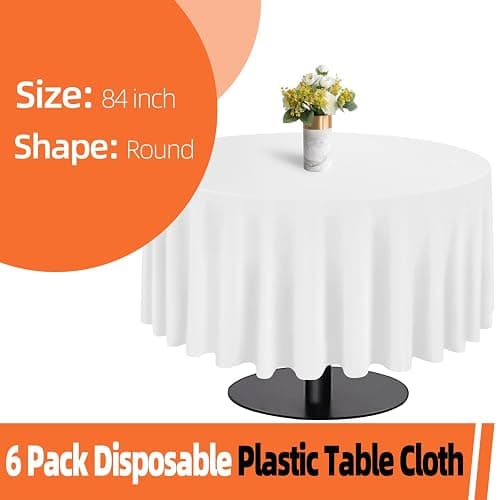 tujol White 6 Pack Plastic Table Cloth 84", Disposable Round Tablecloth Table Cover, Plastic Tablecloths for Parties thumbnail 3