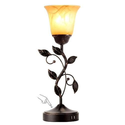 Touch Control Leaf Vintage Table Lamp with 3-Way Dimmable 2 USB C+A Ports | Bedside Nightstand Lamps, Amber Glass Shade Rural Leaf Lamp for Living Room Bedroom Dresser Home Decor, LED Bulb Included - Image 1