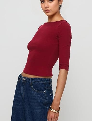 calbatic Women Ribbed Knit Half Sleeve T Shirts Crew Neck Slim Fit Basic Tees 2025 Spring Summer Casual Going Out Tops thumbnail 4