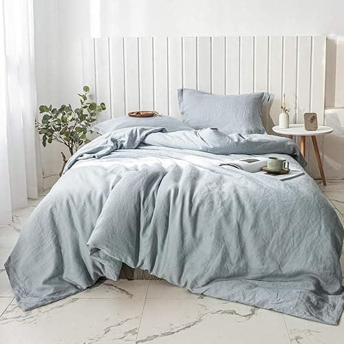 Simple&Opulence 100% Linen Duvet Cover Set 3pcs Basic Style Natural French Washed Flax Solid Color Soft Breathable Farmhouse Bedding with Button Closure - Dusty Blue, Queen - Queen - Dusty Blue - Image 1