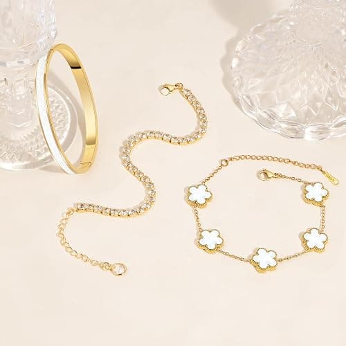 MOINSPIRE Gold Bracelets for Women, 18K Gold Plated Tennis Nail Clover love Bangle Bracelets Set Non Tarnish, Stainless Steel Trendy Stackable Bracelet Fashion Jewelry Accessories Gifts for Christmas thumbnail 4