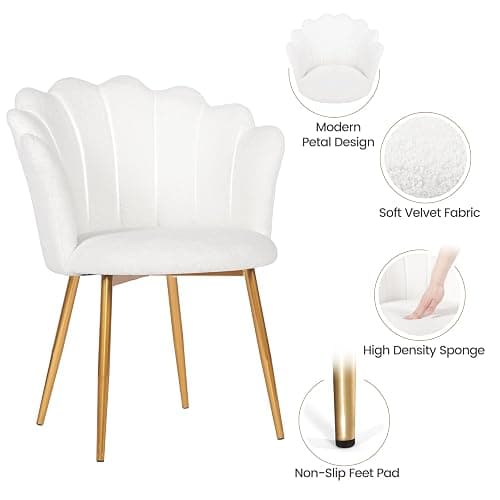 Armchair Tub Chair, Boucle Vanity Chair Shell Accent Chairs with Gold Plating Metal Legs, Leisure Single Sofa Dressing Chairs for Home, Office, Bedroom, Living Room, Dining Room (White) thumbnail 4