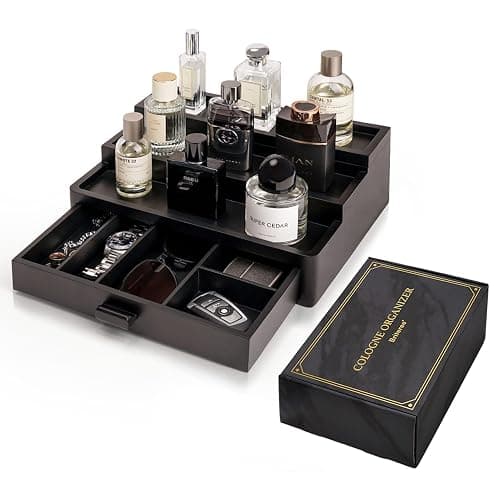 BRITEREE Cologne Organizer for Men, 3 Tier Wooden Cologne Stand with Drawer Storage and Hidden Compartment, Perfume Display Holder for Dresser, Great Gifts for Men and Women Valentine, Black - Image 1