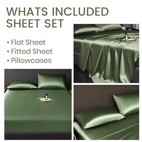 Revdomfly 4 Pcs Full Size Luxury Silky Soft Olive Green Satin Sheet Set,1 Premium Moisture Wicking Fitted Sheet Fits Up to 16 Inches Deep Pocket + 1 Flat Sheet + 2 Pillowcases（Olive Green, Full） thumbnail 6
