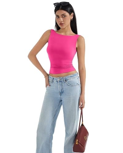 SUUKSESS Women Padded Open Back Boat Neck Tank Tops Double Lined Basic Shirts thumbnail 5