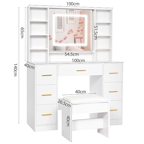 ANWBROAD Toletta Trucco con Luci illuminazione LED Regolabile a 3 colori e prese Moderna Toletta Bianca con Specchio e Sgabello 7 Cassetti 4 Ripiani Aperti Grande 140x100x40cm BDT65W thumbnail 2