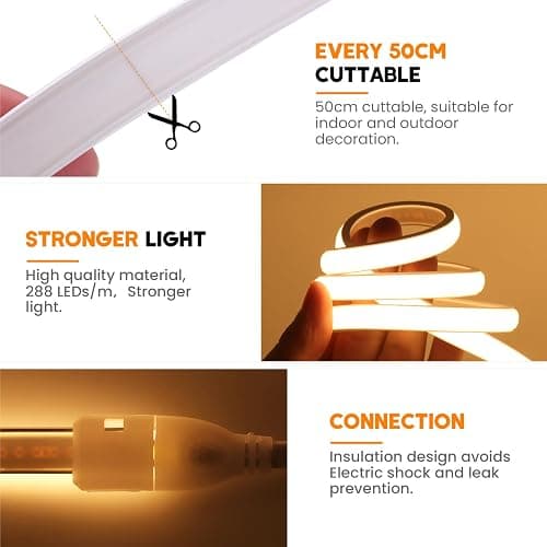 KISUFU Bandeau LED COB 220V, IP65 étanche Flexible néon LED Strip 288 Leds/m Bandes à LED Ruban pour DIY Chambre, Cuisine, Exterieur Maison Décoration. Blanc,1M thumbnail 3
