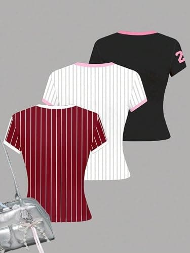 RoseSeek Girl's Shirts 3 Packs Graphic Tees Vacation Hibiscus Top Crewneck Short Sleeve Cute Tops Summer Slim Fit T Shirt thumbnail 4