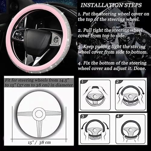 Bling Rhinestone Steering Wheel Cover, Pink Leather Anti-Slip Breathable, Universal Fit 14.5-15 Inch for Women thumbnail 6