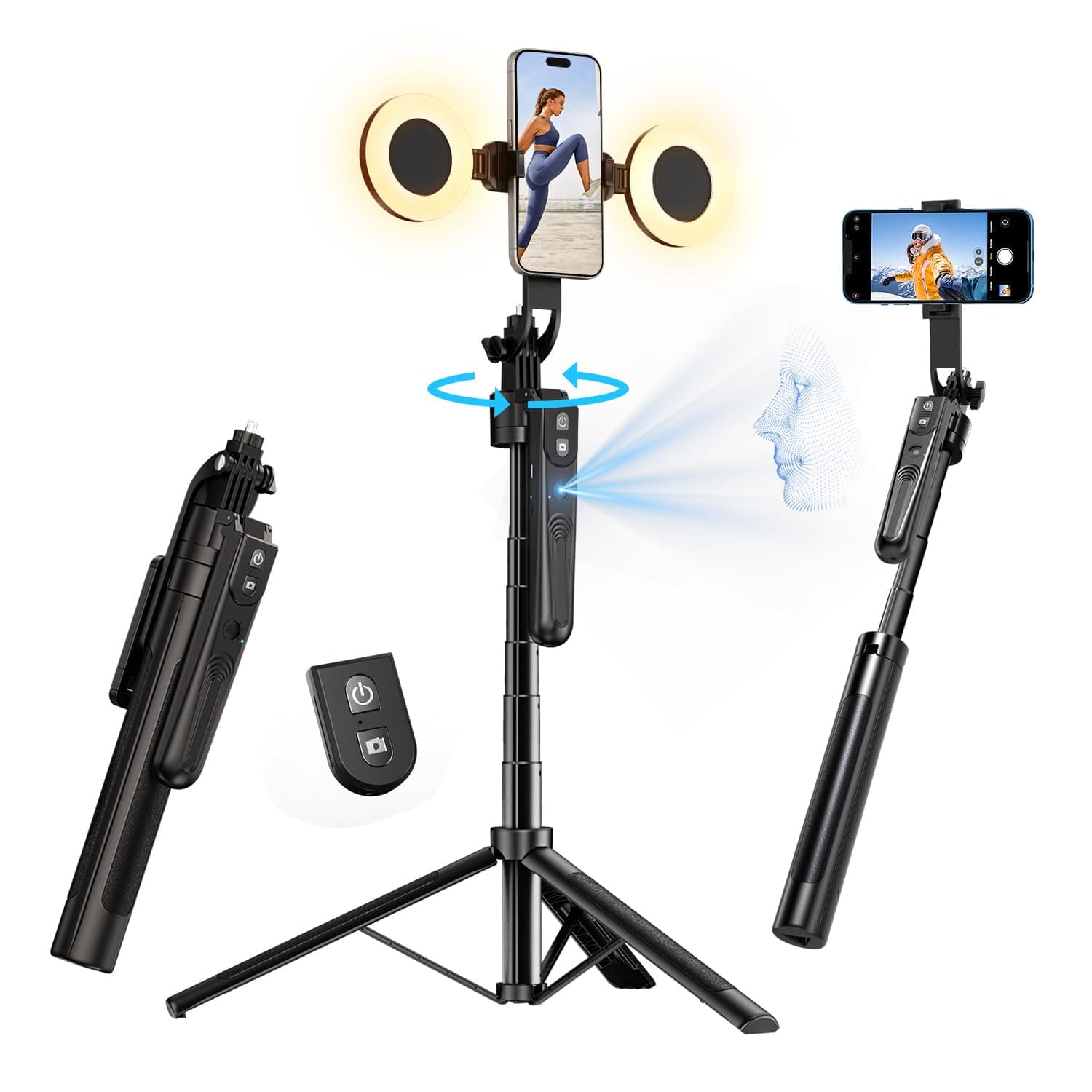 yAyusi Auto Face Tracking Tripod 360° Rotation with Light, No App, 180cm Phone Tripod & Selfie Stick with Remote for Cell Phone 4"-7", Motion Sensor Phone Tripod for Vlog/Live Stream/Video Recording