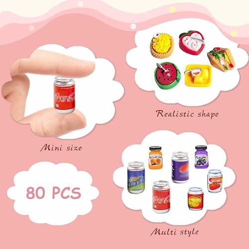 80 Pcs Mini Food Miniature Dollhouse Accessories - 1:12 Scale Small Doll Food Decor Mini Kitchen Set & Tiny Things Toys thumbnail 3
