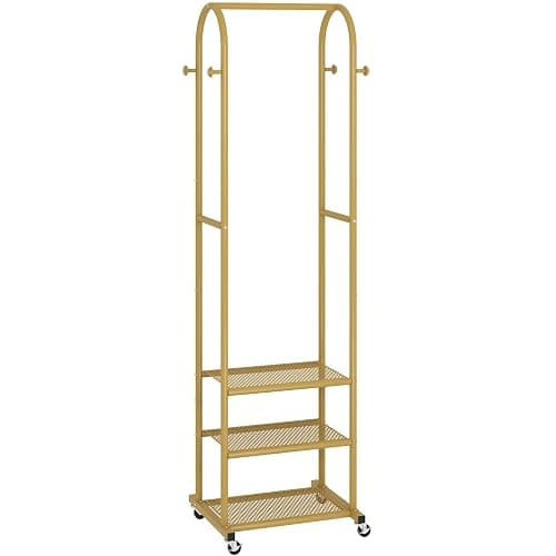 Kaitiemoo Heavy Duty Clothing Rack with Wheels,Modern Garment Rack with 3 Metal Shelves, 71.8Inches Display Rack for Hanging Clothes, Hanging Rod for Small Space,Gold thumbnail 4