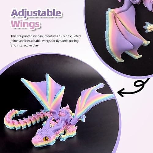 WUQIREN 3D Printed Dragon with Wings,3D Printed Animals Toys, Fidget Dragon Toys, Flexible Articulated Winged Crystal Dragon Model,Desktop Pet Deco, Stocking Stuffers (Matte-Rainbow) thumbnail 5