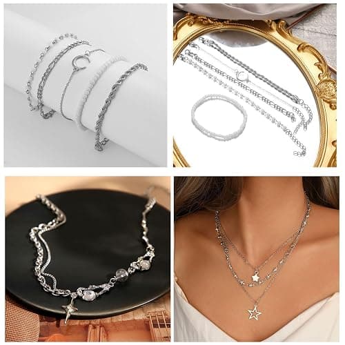 IFNODO 37pcs Silver Jewelry Set With 3 PCS Necklace, 14 PCS Bracelet, 7 PCS Ear Cuffs Earring, 6pcs Hoop Earrings,7pcs silver rings set For Women For Birthday Gifts thumbnail 4