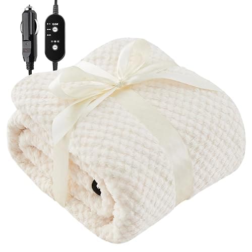Sino Salected Heated Car Blanket 12/24 Volt Electric Blankets for car, Portable Heated Blanket for Car, Truck, SUV, RV & Camping, Machine Washable, with Temperature Controller, 59" x 43" Ivory White - Image 1