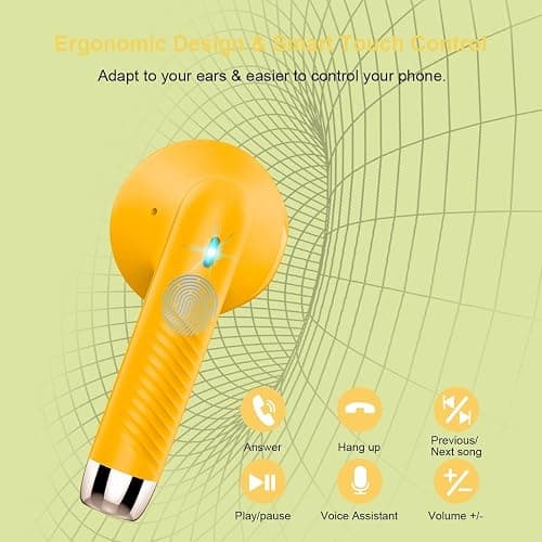 Wireless Earbuds, Bluetooth 5.4 Earbuds Stereo Bass, Bluetooth Headphones in Ear Noise Cancelling Mic, Earphones IP7 Waterproof Sports, 32H Playtime USB C Charging Case Yellow Ear Buds for Android iOS thumbnail 6
