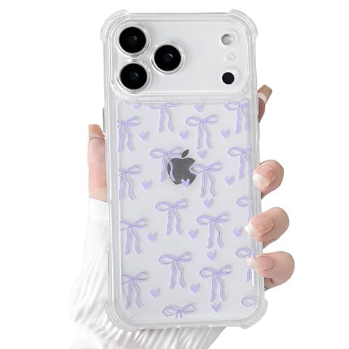Lovmooful Compatible for iPhone 17 Pro Max Case Clear Cute Bowknot Heart with Four Corners Shockproof Design for Girls Women Soft TPU More Protective Girly for iPhone 17 Pro Max Case-Purple Bow - Image 1