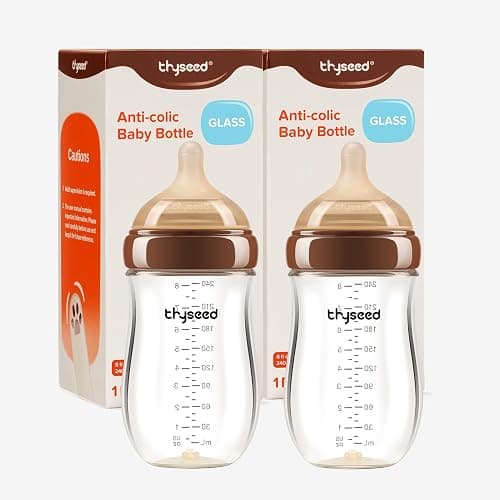 Thyseed Anti-Colic Glass Baby Bottle for Breastfed Infants, Natural Feeding, Breast-Like Newborn Slow Flow Nipple (3m+), 8 oz, 2 Pack - Image 1