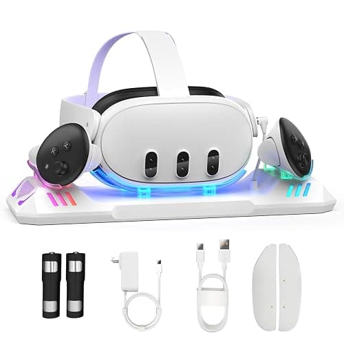 Charging Dock for Meta Quest 3S/Quest 3, Charging Station for Oculus Quest 3 VR Headset & Controllers, with 2 Rechargeable 2100mAh Batteries, USB-C Charger and Cable, Supports LED Indicator - Image 1