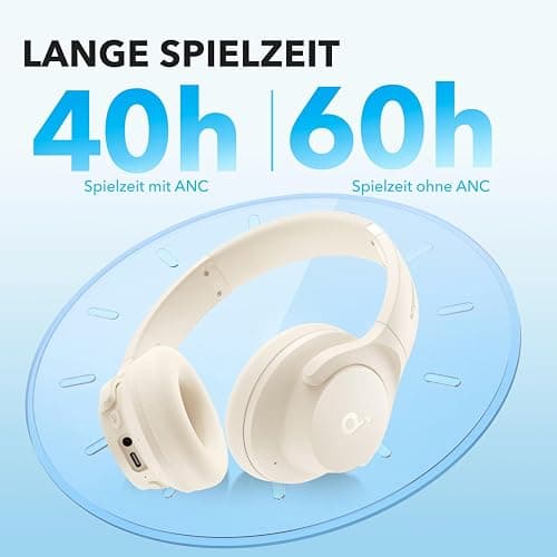 soundcore by Anker Q20i kabelloser Bluetooth Over-Ear-Kopfhörer mit Hybrid Active Noise Cancelling, 40h Spielzeit im ANC-Modus, Hi-Res Audio, tiefer Bass, Personalisierung per App(Weiß) thumbnail 4