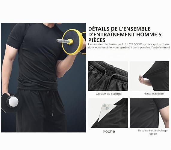 JULY'S SONG Ensemble d'entraînement de compression pour homme, 5 pièces, séchage rapide, chemise, pantalon, short, veste, vêtements pour salle de sport thumbnail 8