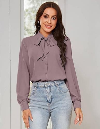 Kate Kasin Women Bow Tie Neck Office Blouse Button Down Long Sleeve Bodysuits Blouse Top thumbnail 2