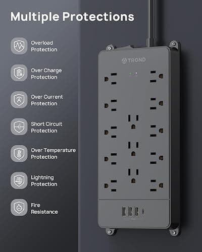 TROND Surge Protector Power Bar with USB C, 4000 Joules, ETL Listed, 13 Widely Spaced Outlets, 5ft Flat Plug Extension Cord Indoor, 14AWG Heavy Duty, Wall Mountable for Home Office Supplies, Black thumbnail 8