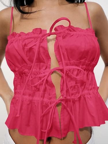 Tankaneo Womens Summer Tie Front Crop Tops Cute Ruffle Ruched Spaghetti Strap Tank Tops Y2K Going Out Shirts thumbnail 2
