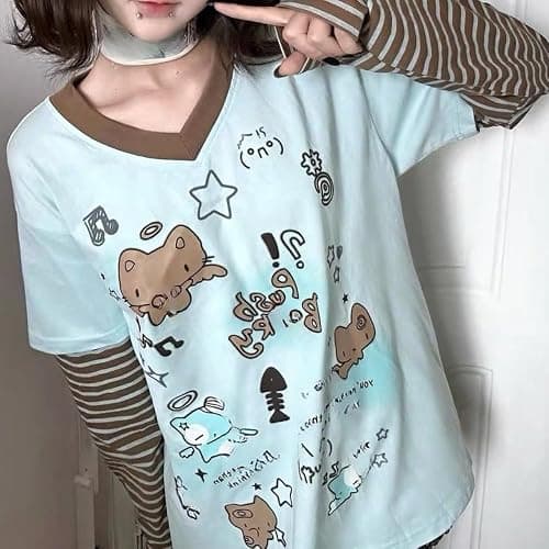 Y2k Fake 2 Piece Cute Shirts Women Kawaii Cutecore Graphic Long Sleeve Top Teen Girls 2000s Preppy Aesthetic Clothing thumbnail 3