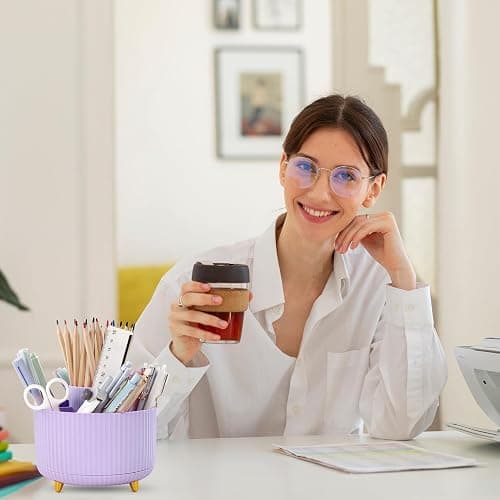 SKYDUE 360 Rotating Purple Pen & Art Supply Organizer - 5 Slot Desk Organizer for Office, School, Home thumbnail 7