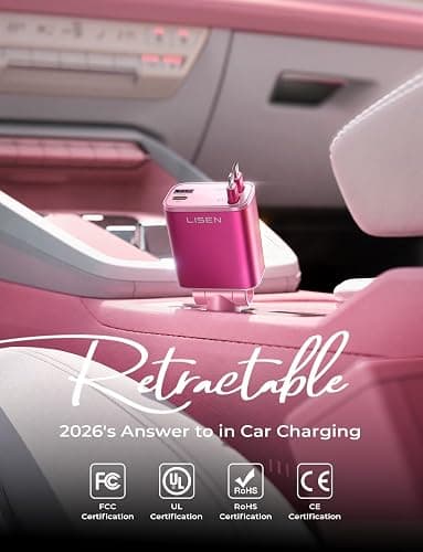 LISEN Retractable Car Charger, 84W Car Charger USB C Fast Charger Adapter, Car Accessories for Men Women, Gifts for Fathers Day for Men Dad Husband, for iPhone 17 16 15 14 13 12 Pro Max, Pink-White thumbnail 2