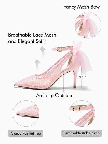 Coutgo Womens Lace High Heels Closed Pointed Toe Stiletto Pumps Bow Tie Ankle Strap Wedding Party Dress Shoes thumbnail 5