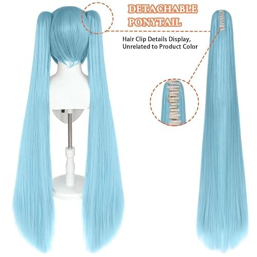 BESTBEL+Hair Cap 48 inch 120 cm Blue Wigs With Bangs Long Blue Wigs With 2 Ponytails for Women Pigtail Wig for Halloween Cosplay Anime Costume Long Straight Wig Party Outfits Synthetic Hair thumbnail 2