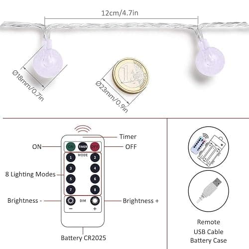 Zorela Globe Fairy Lights, 15M/49ft 100 LED Globe String Lights with Remote - USB or Battery Powered - 8 Modes - Outdoor Indoor String Fairy Lights for Christmas, Balcony, Gazebo, Garden, Camping thumbnail 7