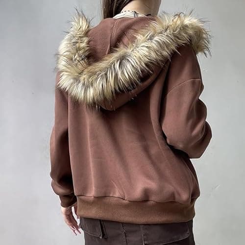 HOHOPEACH Y2k Zip Up Hoodie Fur Jackets Winter Coats Teen Emo Grunge 2000s Clothes Vintage Streetwear Women thumbnail 4