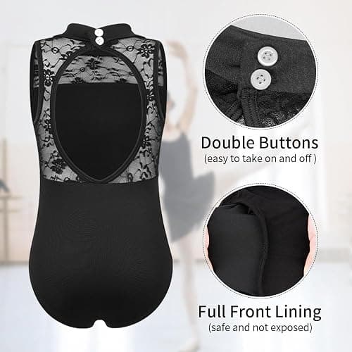 Tegmk Girls Turtleneck Dance Leotard for Ballet, Lace Neckline, Full Front Lining, Hollow Back thumbnail 5