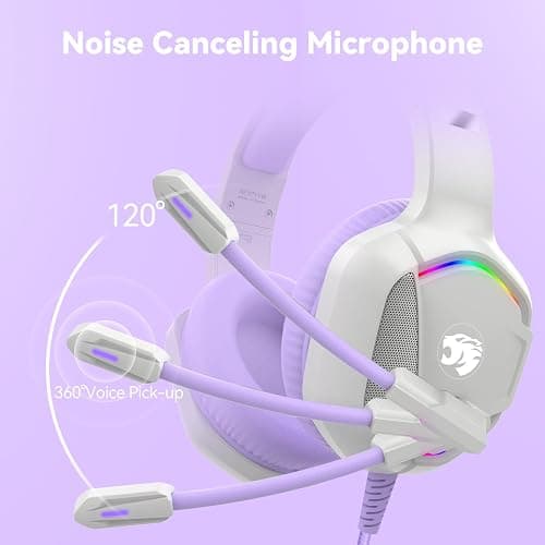 Gaming Headset with Microphone for Pc, Xbox One Series X/s, Ps4, Ps5, Switch, Stereo Wired Noise Cancelling Over-Ear Headphones with Mic, RGB, for Computer, Laptop, Mac, Nintendo (White Purple) thumbnail 3